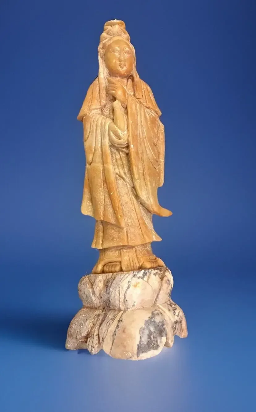 Chinese Celadon Soapstone Figure Of Kuan Yin, Early 20th Century 10”